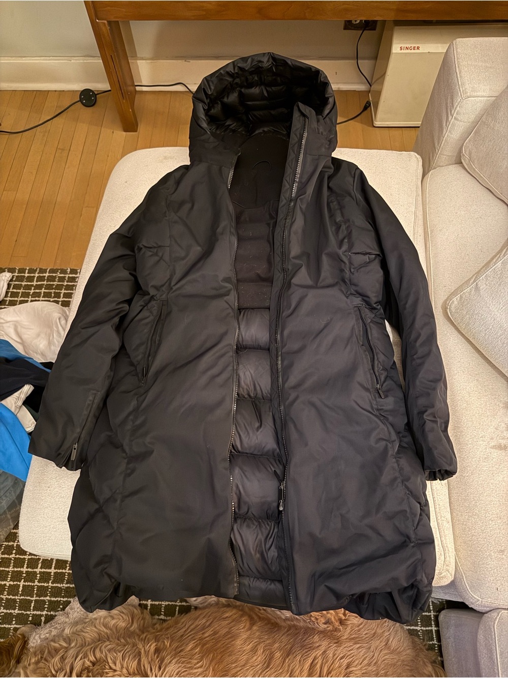 Women's Black Lululemon Knee Length Puffer Coat with Hood